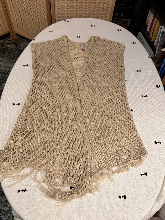 Boho Crochet Cardigan Open-Knit Fringe Poncho Vest Cottagecore Tan Size M - Picture 2 of 4